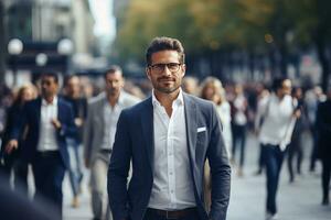 European Businessman Walking in Modern City, Handsome Manager Walks on a Crowded Pedestrian Street, Confident Male on Busy Street. photo