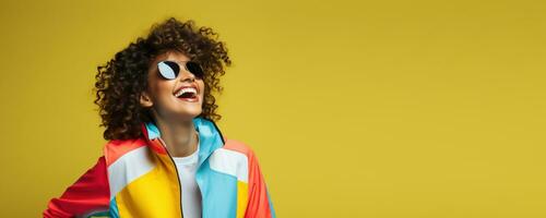 Portrait of Cheerful Woman Banner with Empty Copy Space, Happy Sporty Male Smiling on Studio, Winner Gesture Celebrating. photo