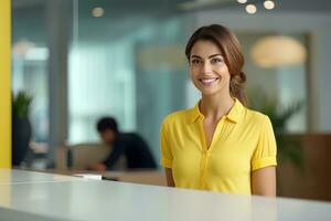 Portrait of Smiling Receptionist Female Greeting Client, Happy Business Woman Reception in Modern Office photo