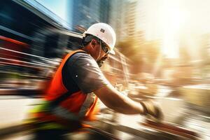 construcción trabajador vistiendo la seguridad uniforme, Ingenieria trabajos en edificio construcción sitio, civil ingeniero observa y comprobación el proyecto foto