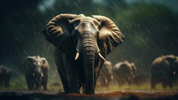 Epic Photography Shot of Elephant on Rainy Day. Lively Rainy Season Concept. Generative Ai photo