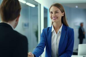 Portrait of Smiling Receptionist Female Greeting Client, Happy Business Woman Reception in Modern Office photo