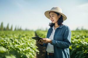retrato de hembra granjero utilizando tableta en el granja, observa y cheque crecimiento plantas, agricultura inteligente agricultura concepto foto