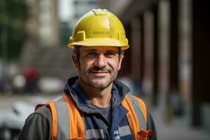 retrato de alegre trabajadores vistiendo la seguridad uniforme, construcción Ingenieria trabajos en edificio construcción sitio, observa y comprobación el proyecto. foto