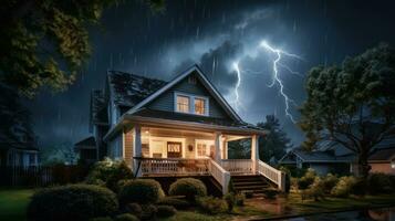 House on Heavy Lightning Thunder Strom Background, Home Insurance Concept. Generative Ai photo