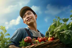 Asian Male Farmer with Basket of Fresh Vegetables, Presenting Organic Vegetables, Healthy Food photo