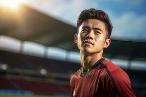 hermoso asiático fútbol jugador, retrato de un hermoso asiático atleta masculino, deporte hombre futbolista. foto