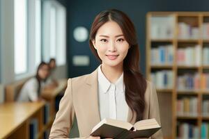 retrato de contento asiático profesor con un libro en escuela, joven hembra tutor sonriente y mirando a el cámara foto