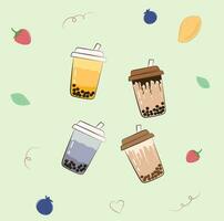 Bubble milk tea with straw color flat vector in cartoon style. Food and drink concept. Boba milk tea, pearl milk tea, boba tea.