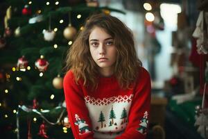 triste niña sentado en el antecedentes de un Navidad árbol ai generativo foto