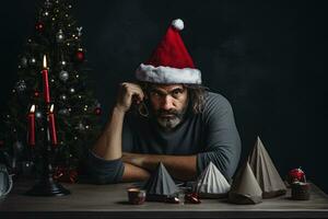 Sad depressed man at home sitting at the table near Christmas tree, man celebrating christmas and new year AI generative photo