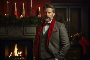 A serious man stands in front of the fireplace. Christmas cozy decor AI generative photo