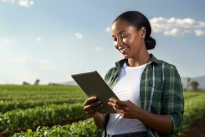 Portrait of Female Farmer Using Tablet in the Farm, Observes and Check Growth Plants, Agriculture Smart Farming Concept photo