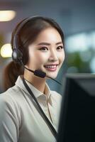 Portrait of a Beautiful Asian Customer Service Operator, Call Center Worker Talking Through Headset with Customer in Modern Office. photo