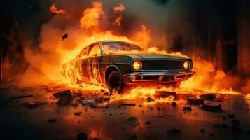 Car on Fire Accident, Burning Car Background, Car Insurance Concept. Generative Ai photo