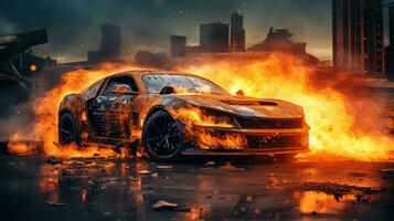 Car on Fire Accident, Burning Car Background, Car Insurance Concept. Generative Ai photo