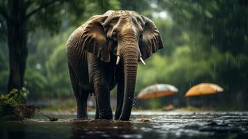Epic Photography Shot of Elephant on Rainy Day. Lively Rainy Season Concept. Generative Ai photo