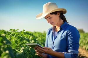 Portrait of Female Farmer Using Tablet in the Farm, Observes and Check Growth Plants, Agriculture Smart Farming Concept photo