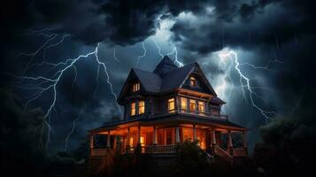 House on Heavy Lightning Thunder Strom Background, Home Insurance Concept. Generative Ai photo