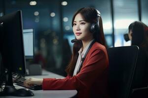 Portrait of a Beautiful Asian Customer Service Operator, Call Center Worker Talking Through Headset with Customer in Modern Office. photo