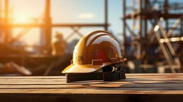 Safety Construction helmet on Table, Hard Cap, Construction Site Blur Background. photo