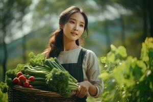 Asian Female Farmer with Basket of Fresh Vegetables, Presenting Organic Vegetables, Healthy Food photo