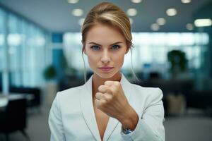 confidente mujer de negocios demostración un luchando pose, hermosa gerente gestos levantamiento puños en moderno oficina, hembra empresario peleas un problema foto