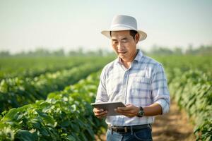 Portrait of Male Farmer Using Tablet in the Farm, Observes and Check Growth Plants, Agriculture Smart Farming Concept photo