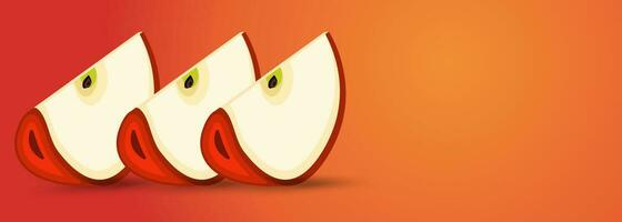 Three Apples slice pieces banner, a banner of three cut into pieces of apple banner, banner for red fruity apples on isolated gradient red and yellow background vector