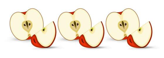 Groups of Apple pieces banner, apples sets cut into pieces of apple banner vector design, red fruity apples on isolated white background, vector, illustration