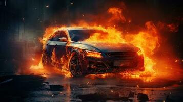 Car on Fire Accident, Burning Car Background, Car Insurance Concept. Generative Ai photo