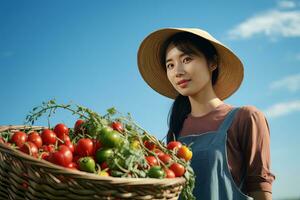asiático hembra granjero con cesta de Fresco verduras, presentación orgánico verduras, sano comida foto