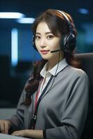 Portrait of a Beautiful Asian Customer Service Operator, Call Center Worker Talking Through Headset with Customer in Modern Office. photo