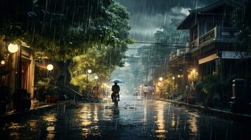 Human Daily Life on Rainy Day. Enjoying Rainfall and Happy Life, Lively Rainy Season Concept. Generative Ai photo