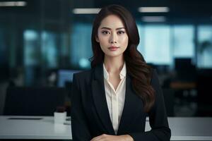 Portrait of a Beautiful Businesswoman in Modern Office, Asian Manager Looking at Camera and Smiling, Confident Female CEO Planning and Managing Company. photo