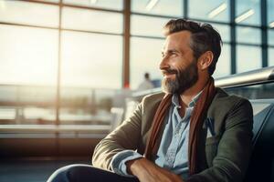 Happy Tourist Smiling at Airport Terminal, Joyful Man Waits for Flight in a Boarding Lounge of Airline Hub. photo