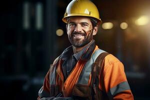 Portrait of Cheerful Workers Wearing Safety Uniform, Construction Engineering Works on Building Construction Site, Observes and Checking the Project. photo