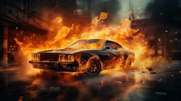 Car on Fire Accident, Burning Car Background, Car Insurance Concept. Generative Ai photo