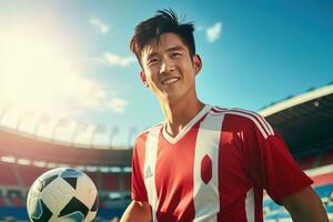 hermoso asiático fútbol jugador, retrato de un hermoso asiático atleta masculino, deporte hombre futbolista. foto