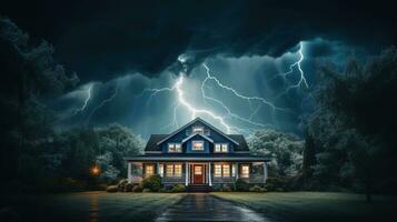 House on Heavy Lightning Thunder Strom Background, Home Insurance Concept. Generative Ai photo