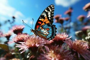 Beautiful Butterfly Surrounded by Flowers and Leaves Blue Sky Background. Generative Ai photo