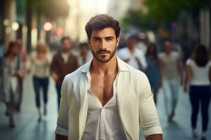 Stylish Latin Man Walking in Modern City, Handsome Latin Guy Walks on a Crowded Pedestrian Street. photo