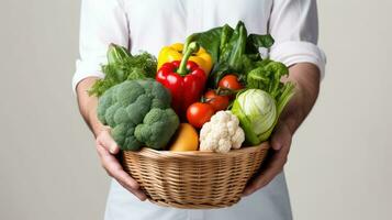 hombre participación cesta de verduras, granjero presentación orgánico verduras, sano alimento. generativo ai foto