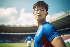 Handsome Asian Soccer Player, Portrait of a Handsome Asian Athlete Male, Sport Man Footballer. photo