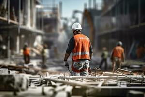 construcción trabajador vistiendo la seguridad uniforme, Ingenieria trabajos en edificio construcción sitio, civil ingeniero observa y comprobación el proyecto foto