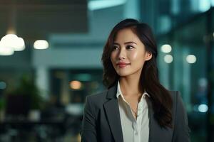 Portrait of a Beautiful Businesswoman in Modern Office, Asian Manager Looking at Camera and Smiling, Confident Female CEO Planning and Managing Company. photo