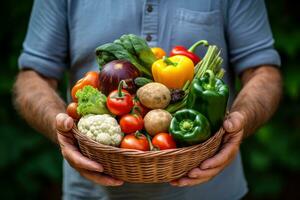 hombre participación cesta de verduras, granjero presentación orgánico verduras, sano alimento. generativo ai foto