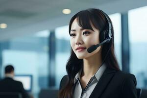 retrato de un hermosa asiático cliente Servicio operador, llamada centrar trabajador hablando mediante auriculares con cliente en moderno oficina. foto