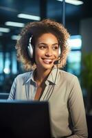 Portrait of a Beautiful African Customer Service Operator, Call Center Worker Talking Through Headset with Customer in Modern Office. photo