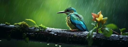 Epic Photography Shot of Bird on Rainy Day. Lively Rainy Season Concept. Generative Ai photo